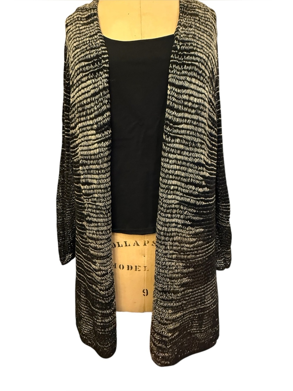 Eileen Fisher Black and Cream Marled Open-Front Cardigan